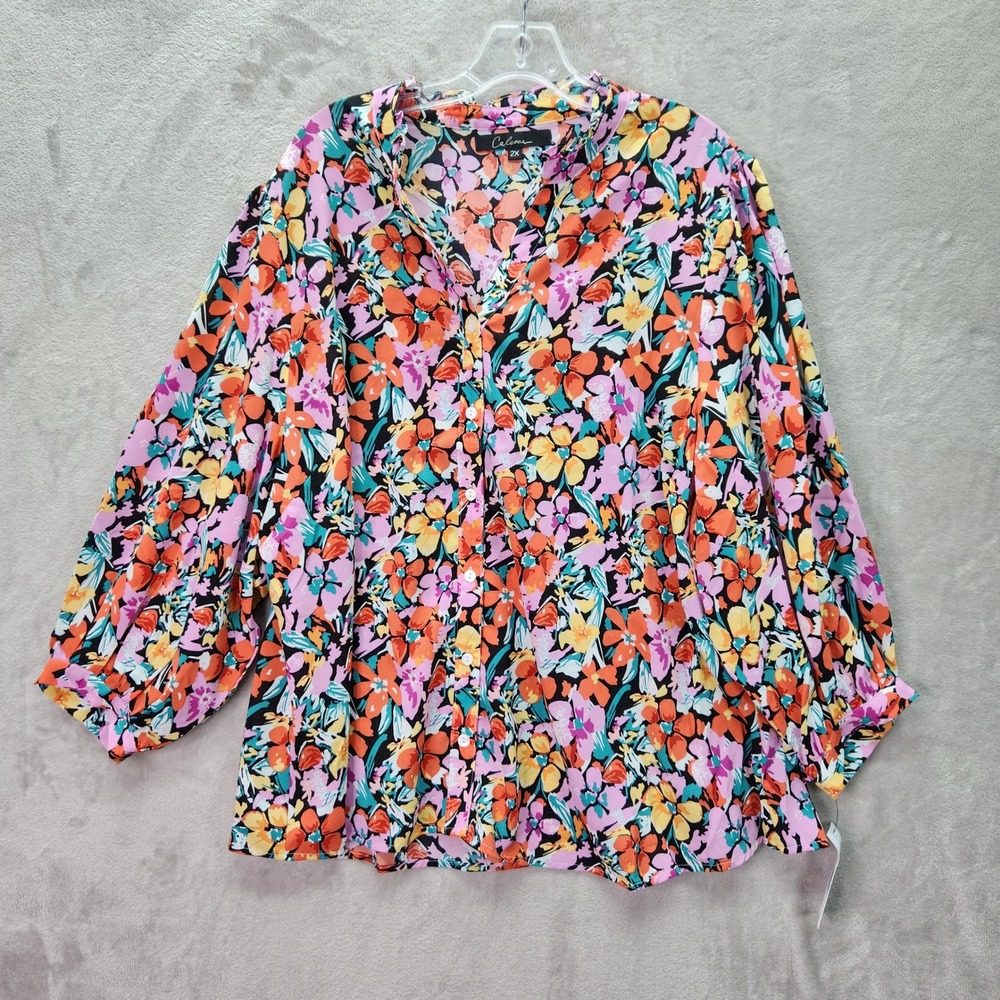 Calessa Womens 2X‎ Pink Floral Button V Neck 3/4 Sleeve Blouse Top Career Office